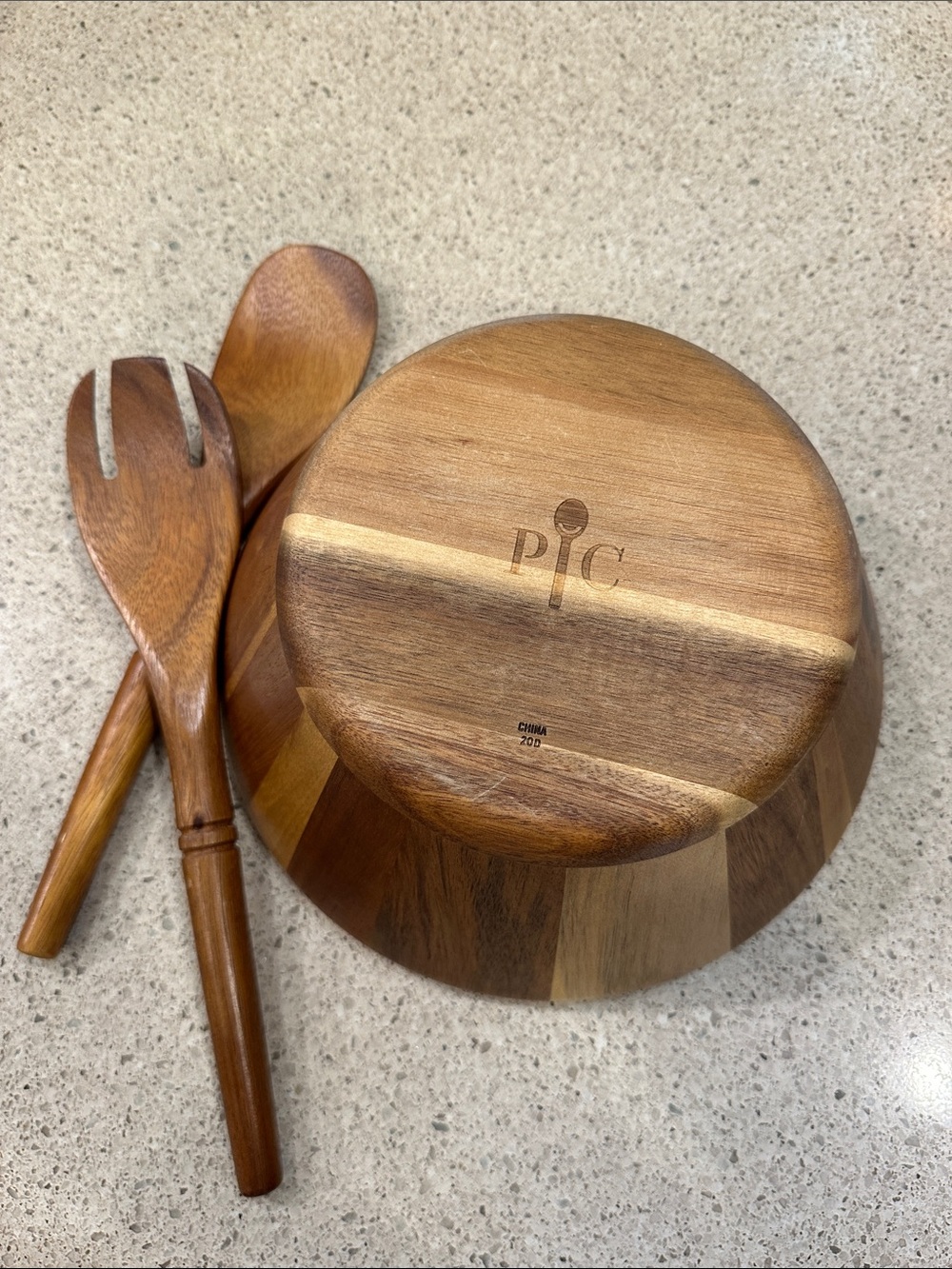 Pampered Chef Wood Salad Bowl with Serving Utensils - Natural Brown